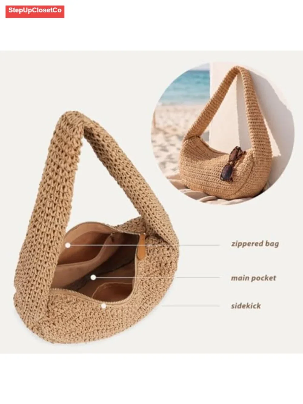 Woven Straw Hobo Shoulder Bag with Zipper, Retro Half Moon Tote Purse for Summer